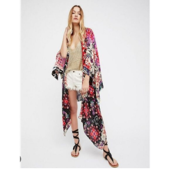Free People Kimono Boho Festival Asymmetrical Floral Long Duster Hippie One Size - Picture 1 of 12